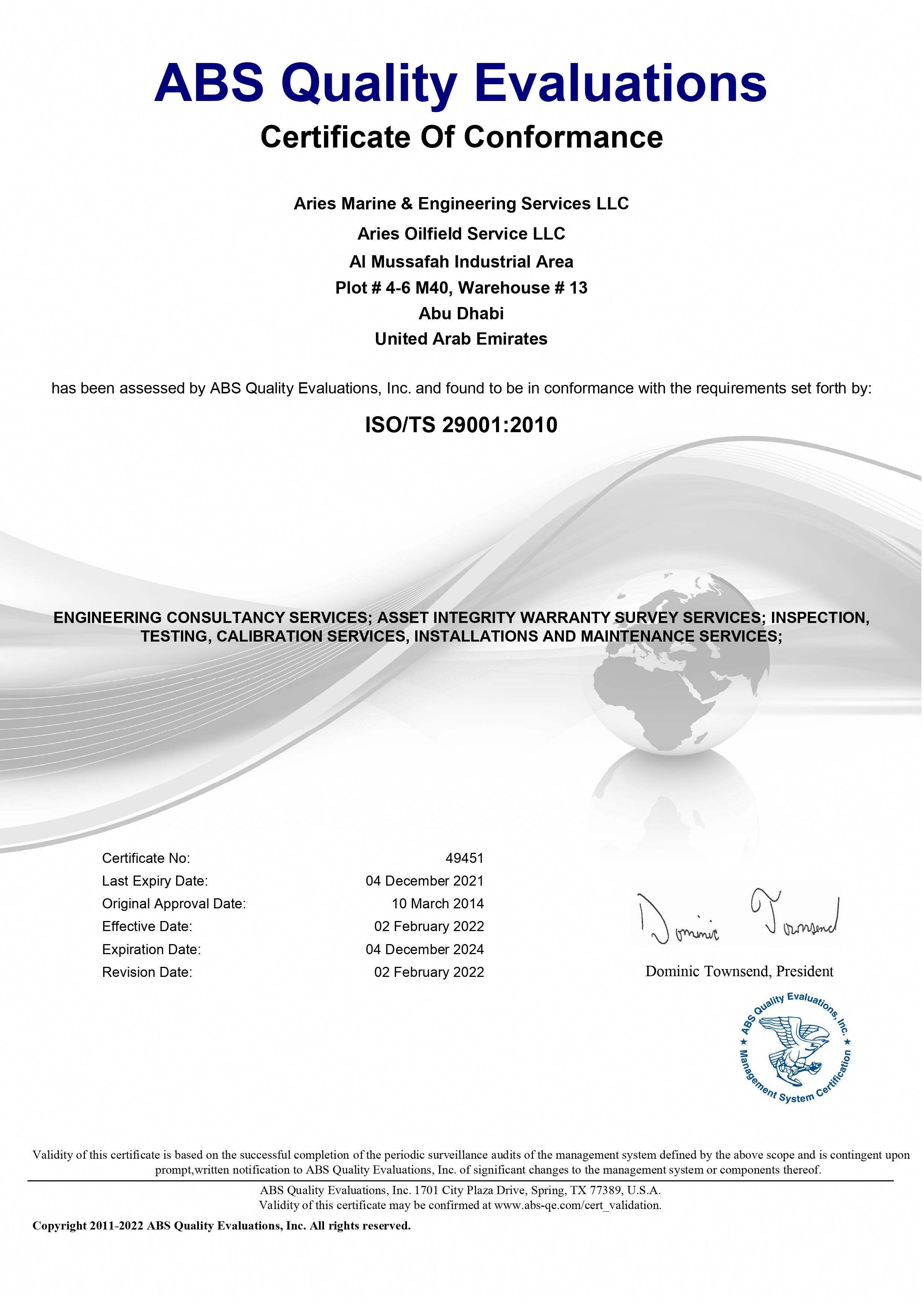 Marine Certificates | ISO | DNV | Approvals – Qatar | ARIES