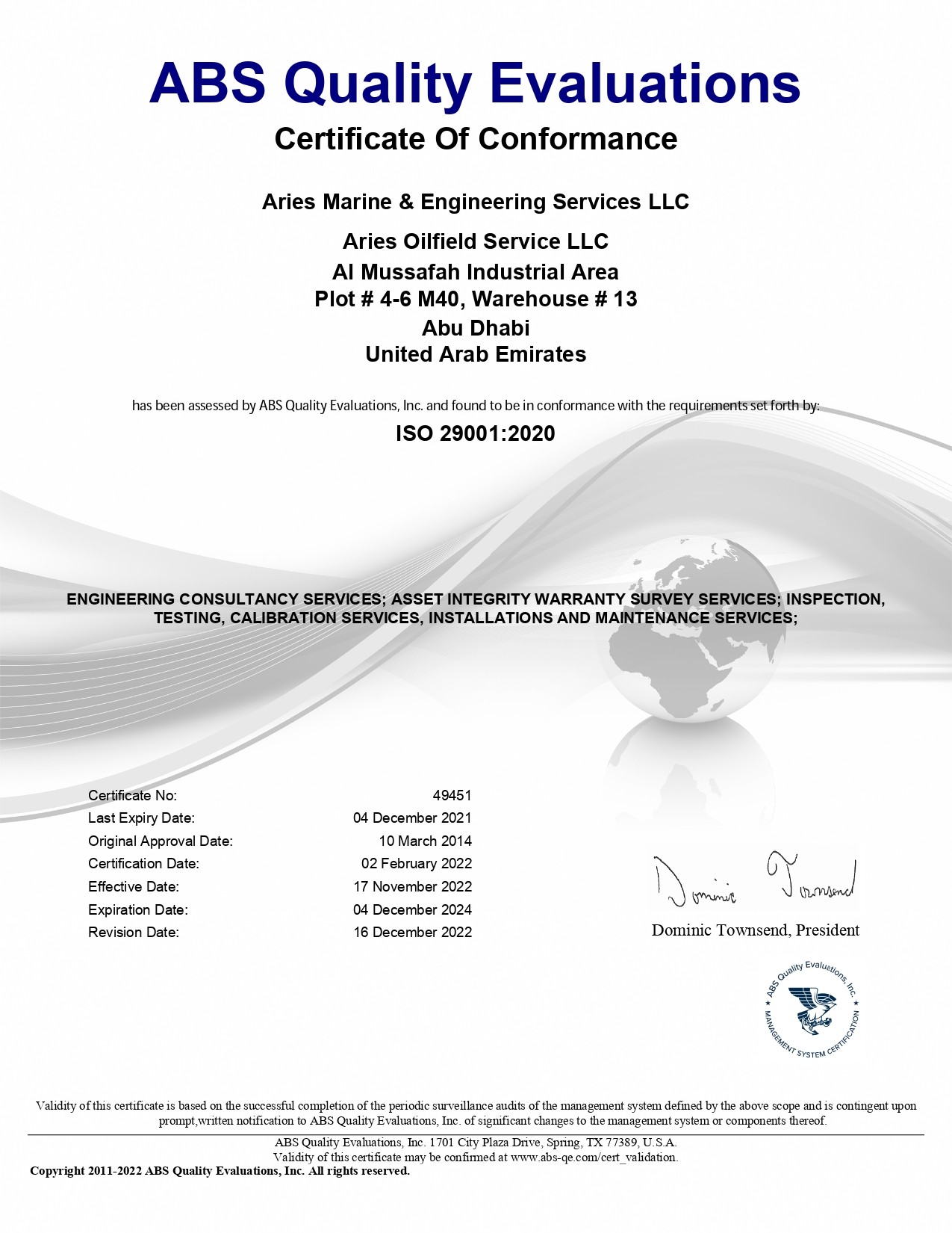Marine Certificates | ISO | DNV | Approvals - UAE | ARIES