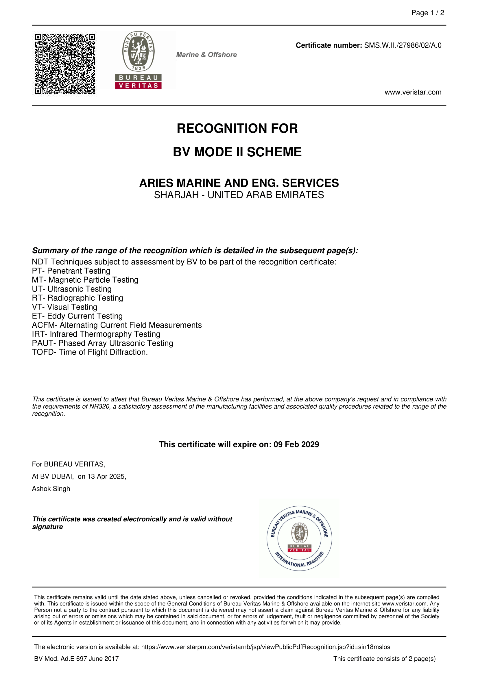 Marine Certificates | ISO | DNV | Approvals – India | Aries Energy